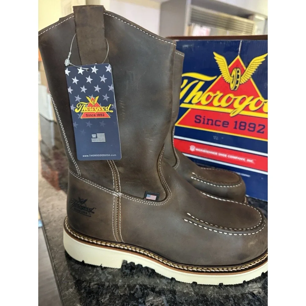 THOROGOOD AMERICAN HERITAGE 11″ SAFETY & MOC TOE CRAZY HORSE WORK BOOTS SZ 9.5‎